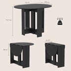 Black round drop-leaf table with measurements, showing folded and expanded leaf positions
