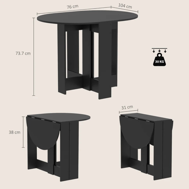 Black round drop-leaf table with measurements, showing folded and expanded leaf positions