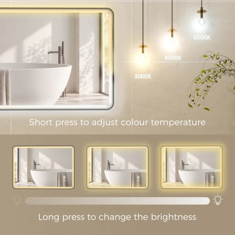 Black rectangle LED bathroom mirror with adjustable warm lighting shown by icons