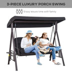 Black 3-seater porch swing chair hammock with canopy, occupied by people