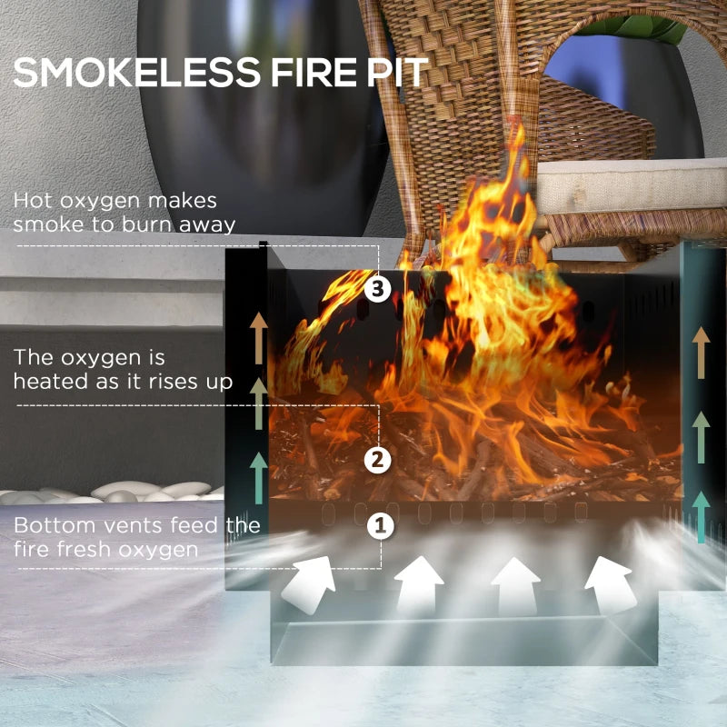 Black square fire pit with flames and vent airflow channels shown in cross-section