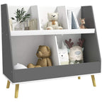 Grey and white two-tier kids storage shelf with five open compartments and wooden legs