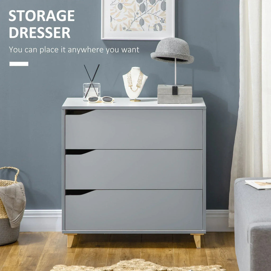 Drawer Chest, 3-Drawer Storage Cabinet Unit with Pine Wood Legs for Bedroom, Living Room, 75cmx42cmx75cm, Grey - Bobobiy