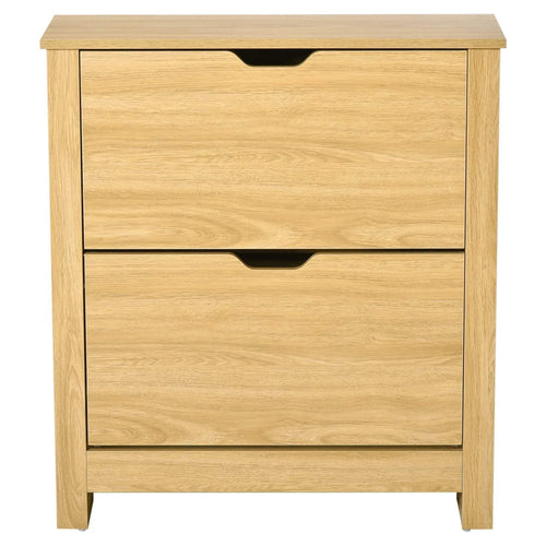 Natural wood narrow shoe cabinet with two flip drawers and U-shaped handles.