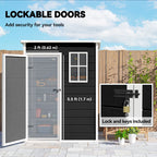 Black lockable garden shed door with two-pane window and lock detail