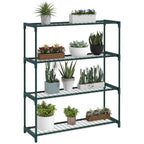 Four-tier plant shelf with wire grid tiers and side rails, green metal frame.