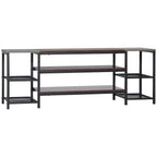 Industrial TV stand with brown top and grey metal open shelves, includes side mesh racks