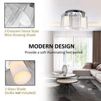Semi-flush ceiling light with silver canopy and two cream glass shades