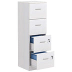 White wood-effect four-drawer lockable filing cabinet with key locks on lower drawers