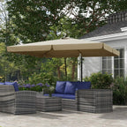 Khaki cantilever parasol open over outdoor seating, with fabric canopy and support pole