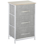 3-tier linen drawer cabinet with light oak top, grey fabric drawers, white metal frame