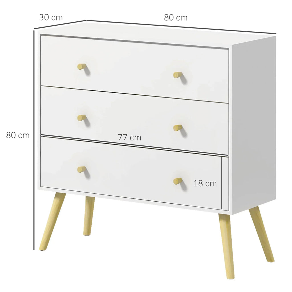 Chest of Drawers, 3-Drawer Storage Organiser Unit with Wood Legs for Bedroom, Living Room, White - Bobobiy