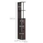 Tall narrow bathroom cabinet in dark brown with two open shelves and three drawers