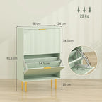 Light green shoe cabinet with two compartments and open flap drawer; size view