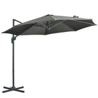 Grey cantilever patio umbrella with open canopy, crank pole, and cross base