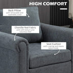Grey upholstered armchair showing back pillow and seat cushion details