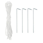 White tying rope and four U-shaped steel stakes for greenhouse setup