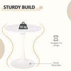 Round white pedestal table with marble-look top and metal base