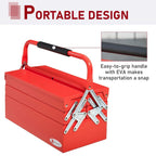 Red portable metal toolbox with black handle and silver latch connectors