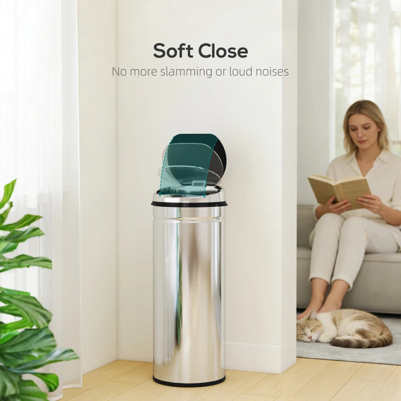 Silver stainless steel sensor bin with open lid and soft-close style design