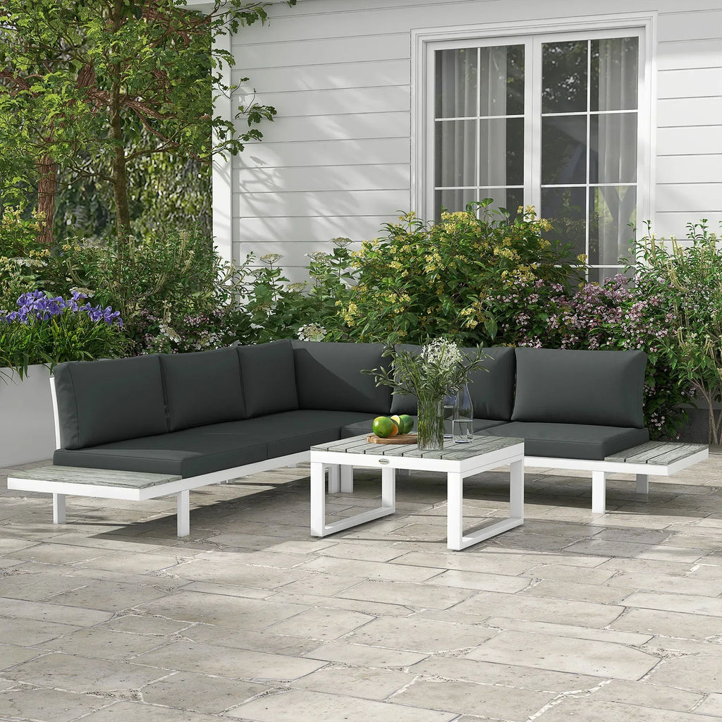 4 Pieces Garden Furniture Set, 5-Level Reclining Garden Corner Sofa Set, Outdoor Lounge Conversation Sectional with Cushions, Wood Effect Plastic Table, White Frame & Grey Cushion - Bobobiy