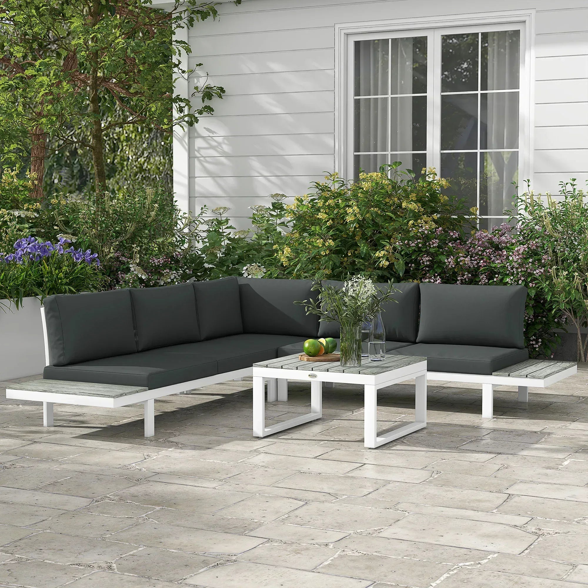 4 Pieces Garden Furniture Set, 5-Level Reclining Garden Corner Sofa Set, Outdoor Lounge Conversation Sectional with Cushions, Wood Effect Plastic Table, White Frame & Grey Cushion - Bobobiy