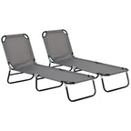 Grey five-position garden lounger with adjustable backrest and black steel frame.