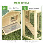 Large wooden chicken coop with slide-out tray and built-in ramp inside the run