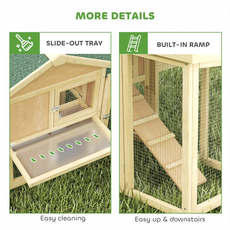 Large wooden chicken coop with slide-out tray and built-in ramp inside the run