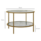 Gold-tone round coffee table with two clear tempered-glass levels and steel frame; 2-tier design