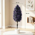 Tall artificial lavender plant with purple blooms in white pot, black stake