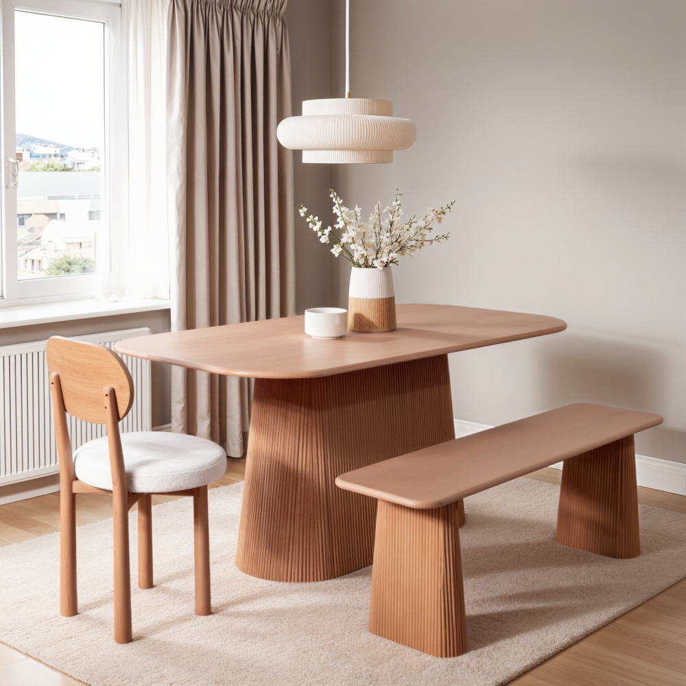 Dining set with wooden table, chairs, and bench in a room with a window and lamp.