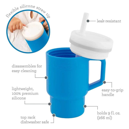 Ocean blue kids tumbler with white lid straw top, easy-grip handle, leak-resistant design