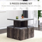 Grey wood-grain dining table with four storage stools and grey seat cushions