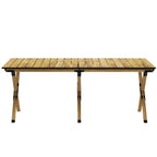 Portable camping table side view with natural wood-effect top and four folding support legs