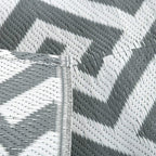 Grey-and-white woven plastic straw rug corner detail with geometric pattern