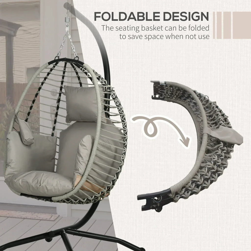 Single Rattan Hanging Egg Chair, with Seat Cushion - Grey - Bobobiy