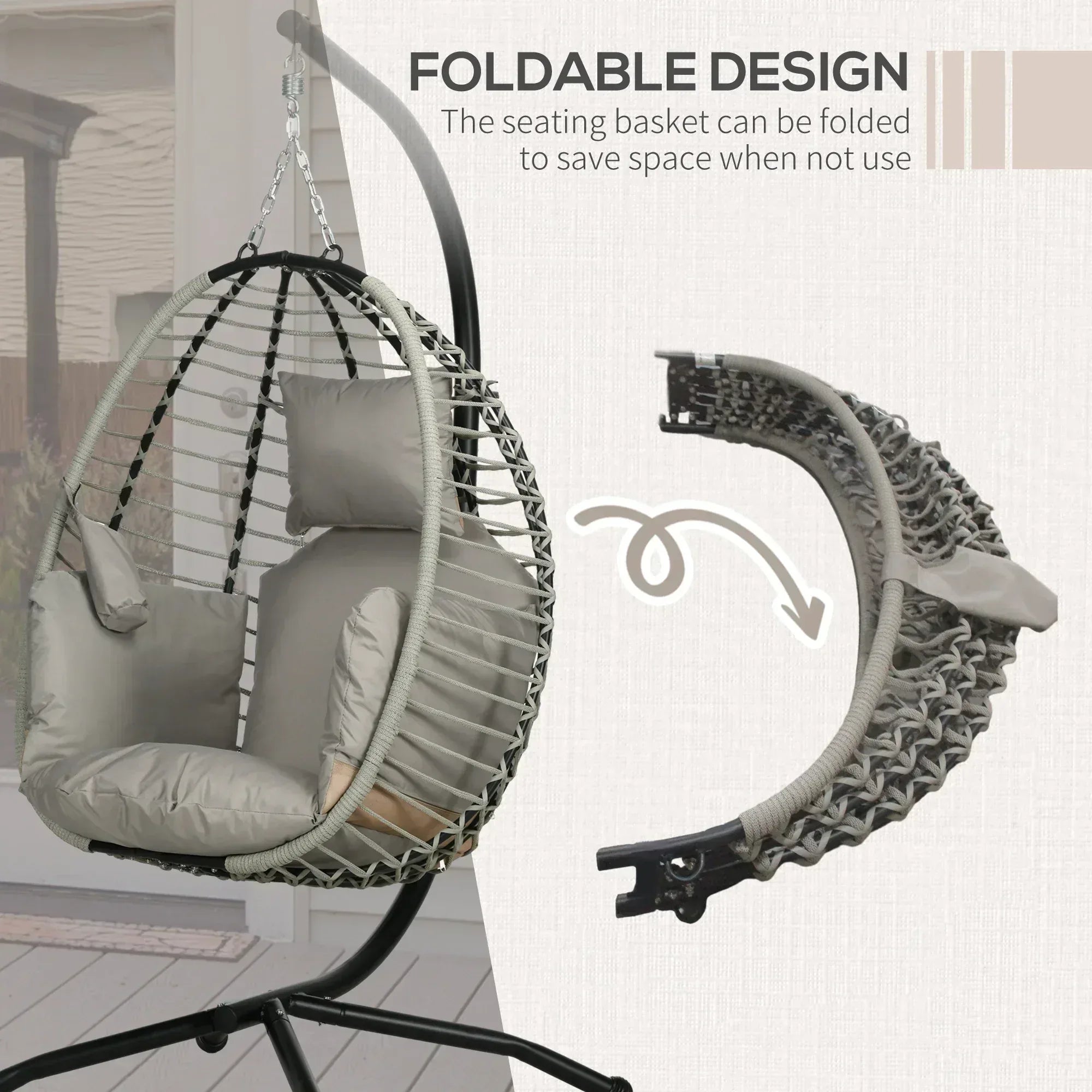 Single Rattan Hanging Egg Chair, with Seat Cushion - Grey - Bobobiy