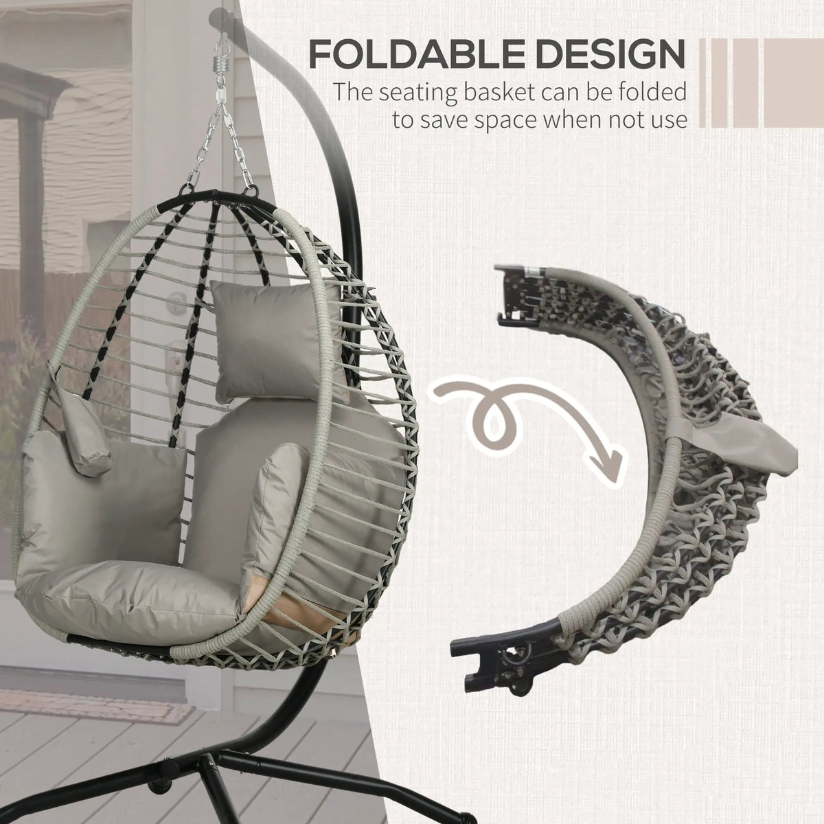 Outsunny Single Rattan Hanging Egg Chair, with Seat Cushion Grey