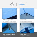 Sky-blue tent details: side storage pockets, lamp hook, mesh vents, zip door