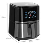 Black air fryer with LED display and measuring size lines for height and width