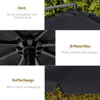 Black vented banana parasol canopy with metal ribs and ruffled edge