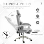Light grey fabric reclining office chair with high back, headrest pillow, retractable footrest