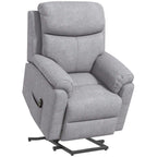 Grey electric lift recliner chair with padded arms and extended footrest base