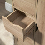 Light wood cabinet drawer partially open with interior storage space