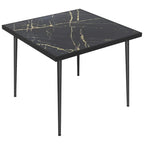 Square outdoor dining table with black marble-effect tempered glass top and steel legs