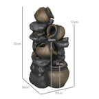 4-tier stacked jar water fountain, dark grey and gold, shown with height and width outline