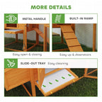 Wooden chicken coop details: metal handle, built-in ramp, slide-out tray for cleaning