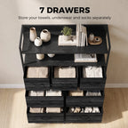 Black wood-effect cabinet with open shelves and seven front drawers for storage