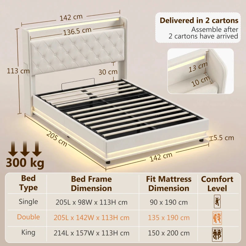 Cream platform bed frame with hydraulic storage and open slatted support